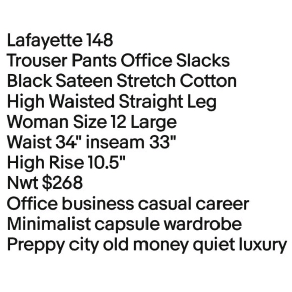 Lafayette 148 New York Trouser Pants Sz 12 34/33 Black Stretch Cotton Slacks Nwt - Picture 9 of 10